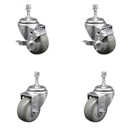 Service Caster 3.5 Inch SS Gray Polyurethane Swivel 3/8 Inch Threaded Stem Caster Brake, 2PK SCC-SSTS20S3514-PPUB-TLB-381615-2-S2